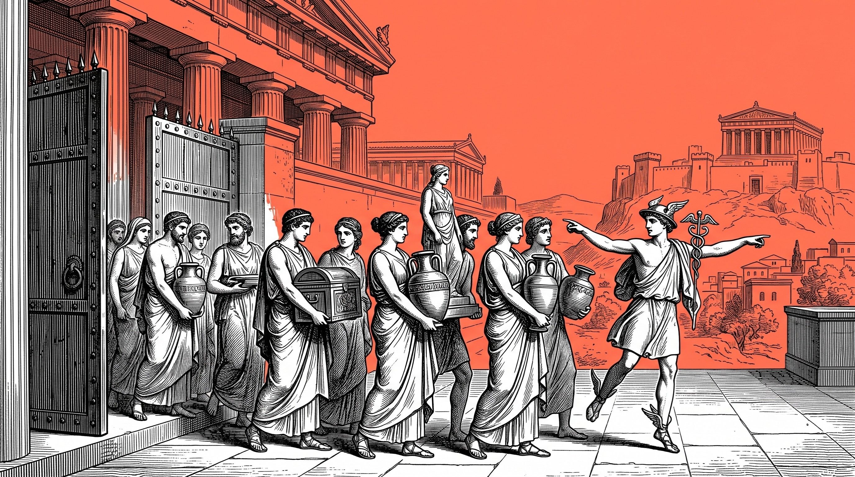 Vintage engraving-style illustration of ancient Greek figures carrying amphoras and a chest out of a closing temple, guided by the god Hermes wearing a winged helmet and holding a caduceus, against a red background with the Acropolis in the distance, symbolizing traders withdrawing their assets from BitMEX before the exchange shuts down
