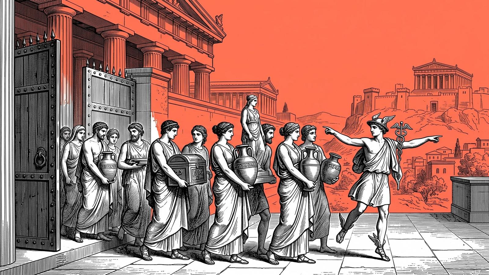 Vintage engraving-style illustration of ancient Greek figures carrying amphoras and a chest out of a closing temple, guided by the god Hermes wearing a winged helmet and holding a caduceus, against a red background with the Acropolis in the distance, symbolizing traders withdrawing their assets from BitMEX before the exchange shuts down