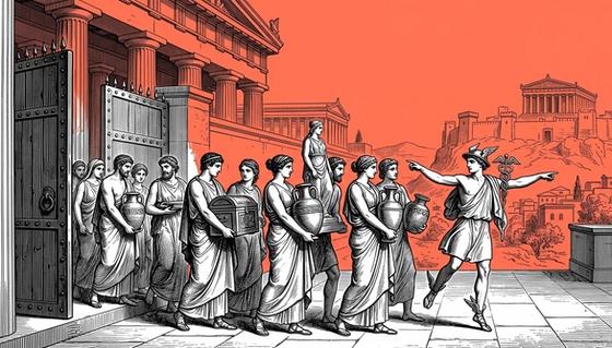 Vintage engraving-style illustration of ancient Greek figures carrying amphoras and a chest out of a closing temple, guided by the god Hermes wearing a winged helmet and holding a caduceus, against a red background with the Acropolis in the distance, symbolizing traders withdrawing their assets from BitMEX before the exchange shuts down