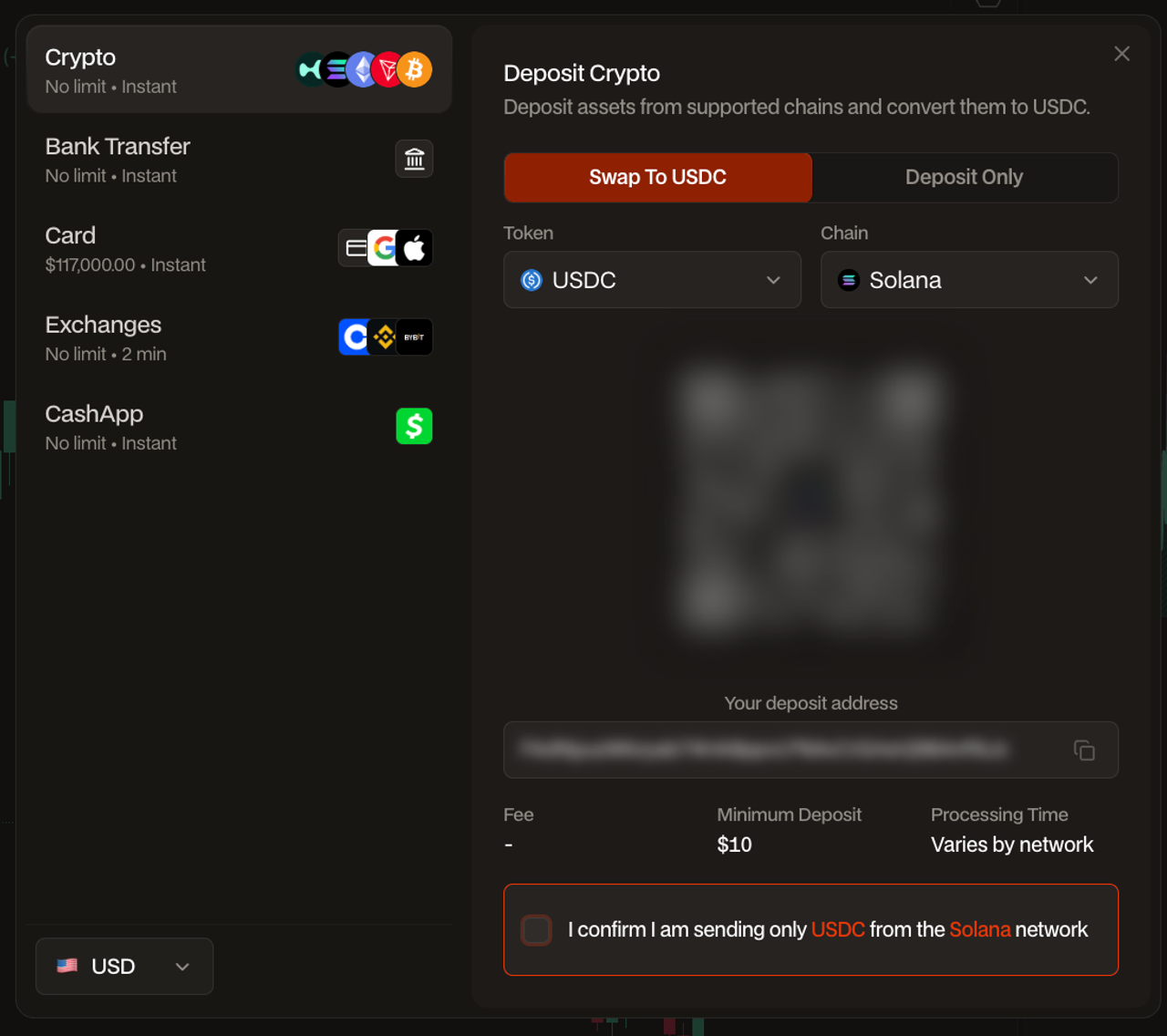 Hyperdash deposit interface showing funding options including bank transfer, card, exchanges (Coinbase, Binance, Bybit), and CashApp, with USDC on Solana selected and a minimum deposit of $10