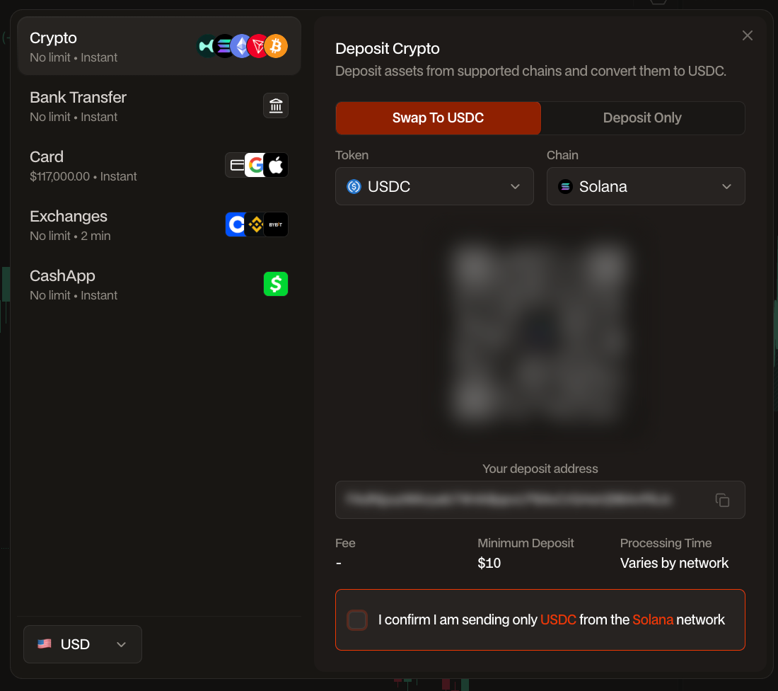Hyperdash deposit interface showing funding options including bank transfer, card, exchanges (Coinbase, Binance, Bybit), and CashApp, with USDC on Solana selected and a minimum deposit of $10