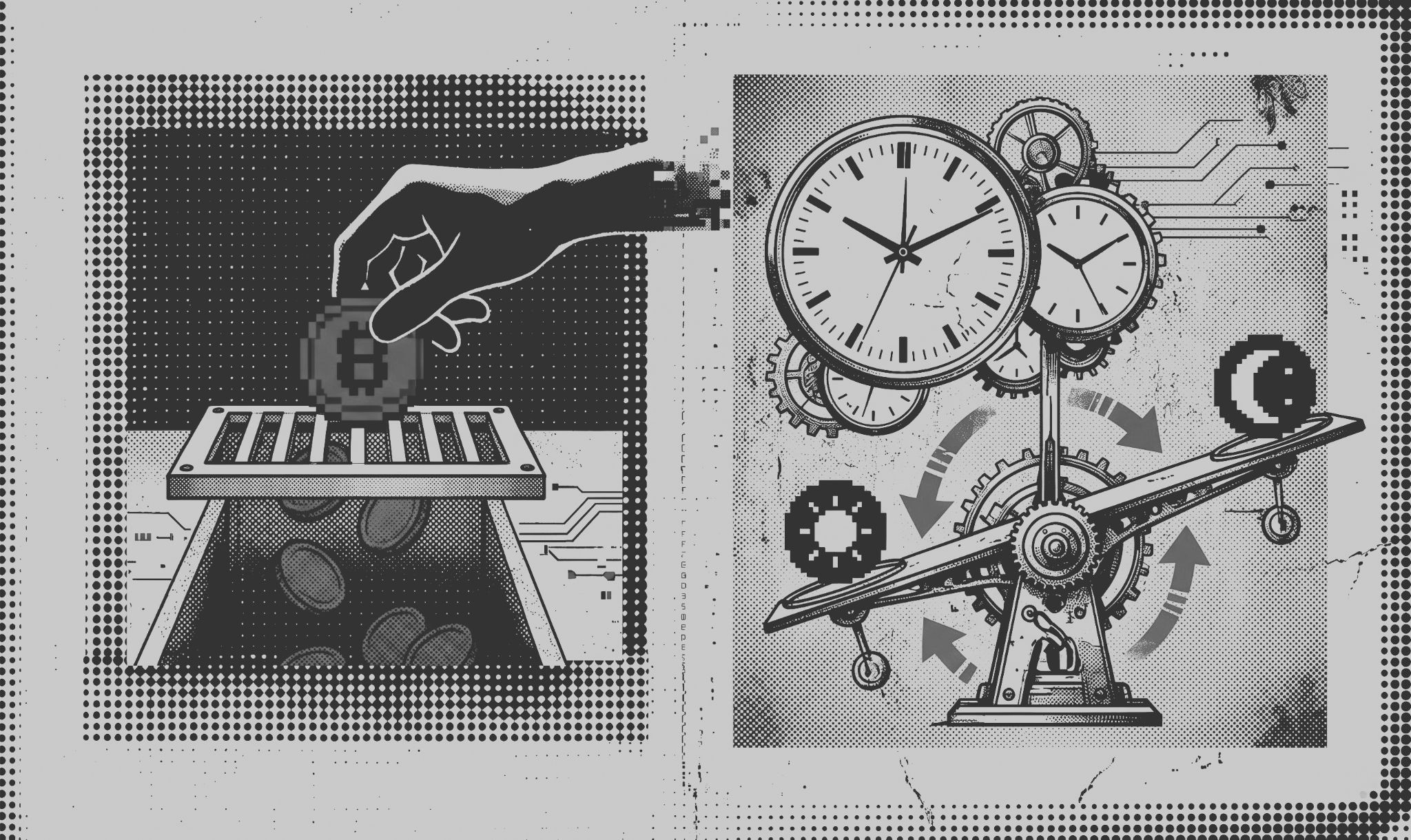 Swap fees as coins in a slot vs. funding rates as a mechanical clockwork scale.