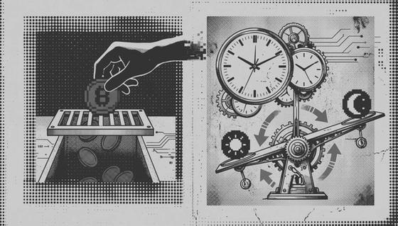 Swap fees as coins in a slot vs. funding rates as a mechanical clockwork scale.