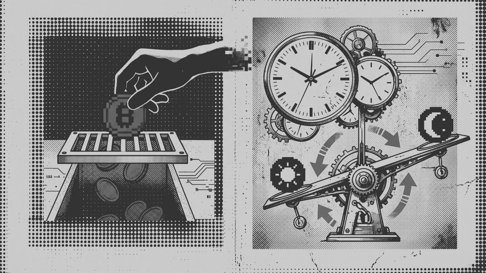 Swap fees as coins in a slot vs. funding rates as a mechanical clockwork scale.