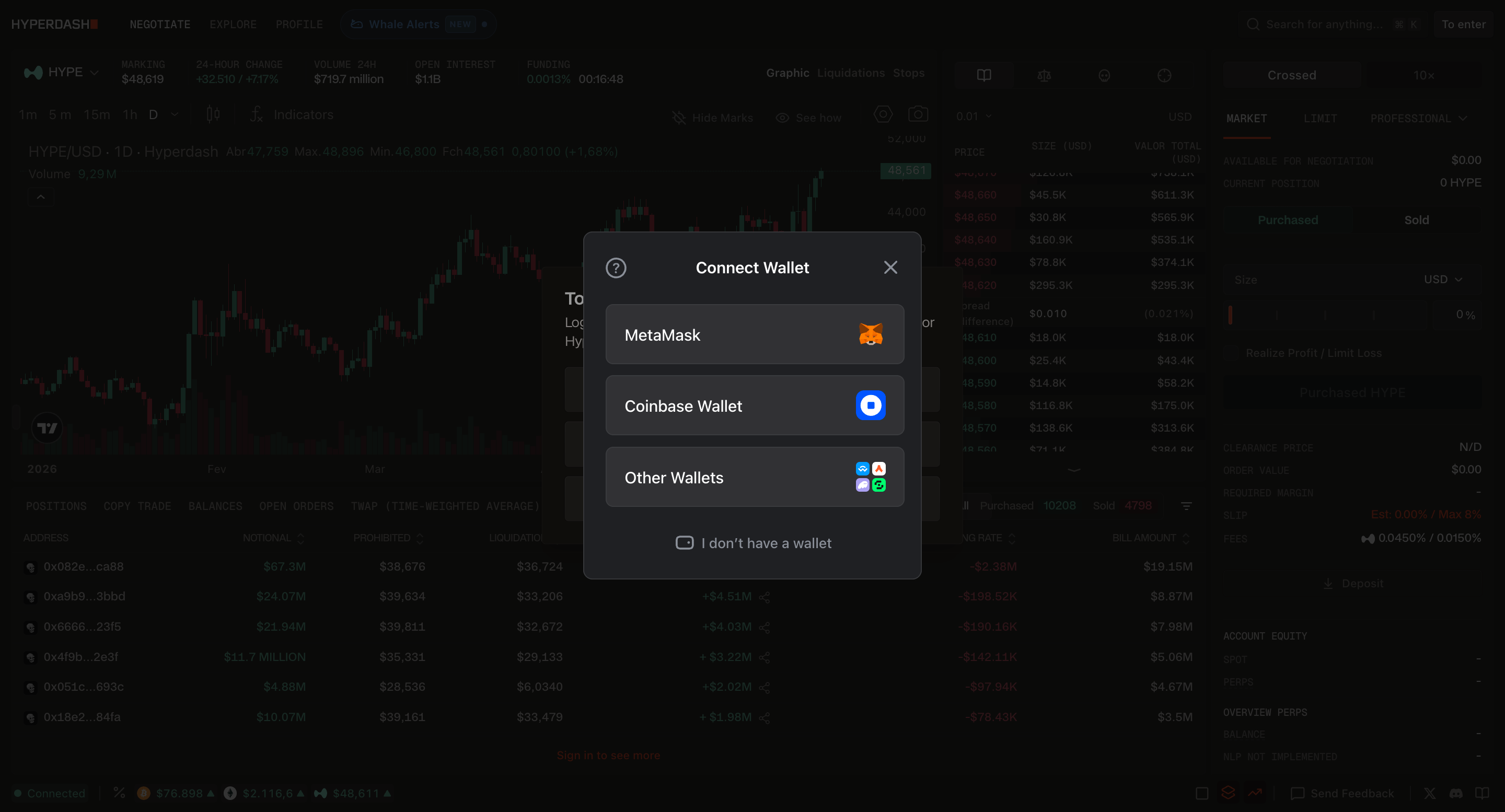 Connect your wallet in Hyperdash Terminal and your full trading terminal is live immediately.