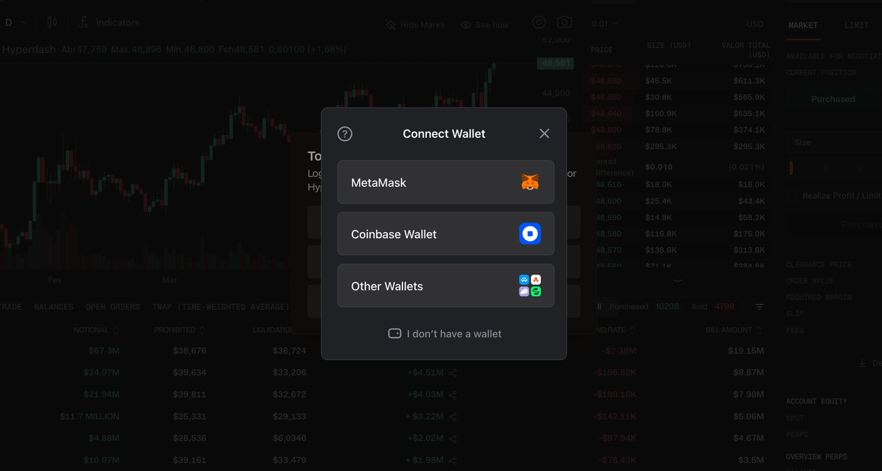 Connect your wallet in Hyperdash Terminal and your full trading terminal is live immediately.
