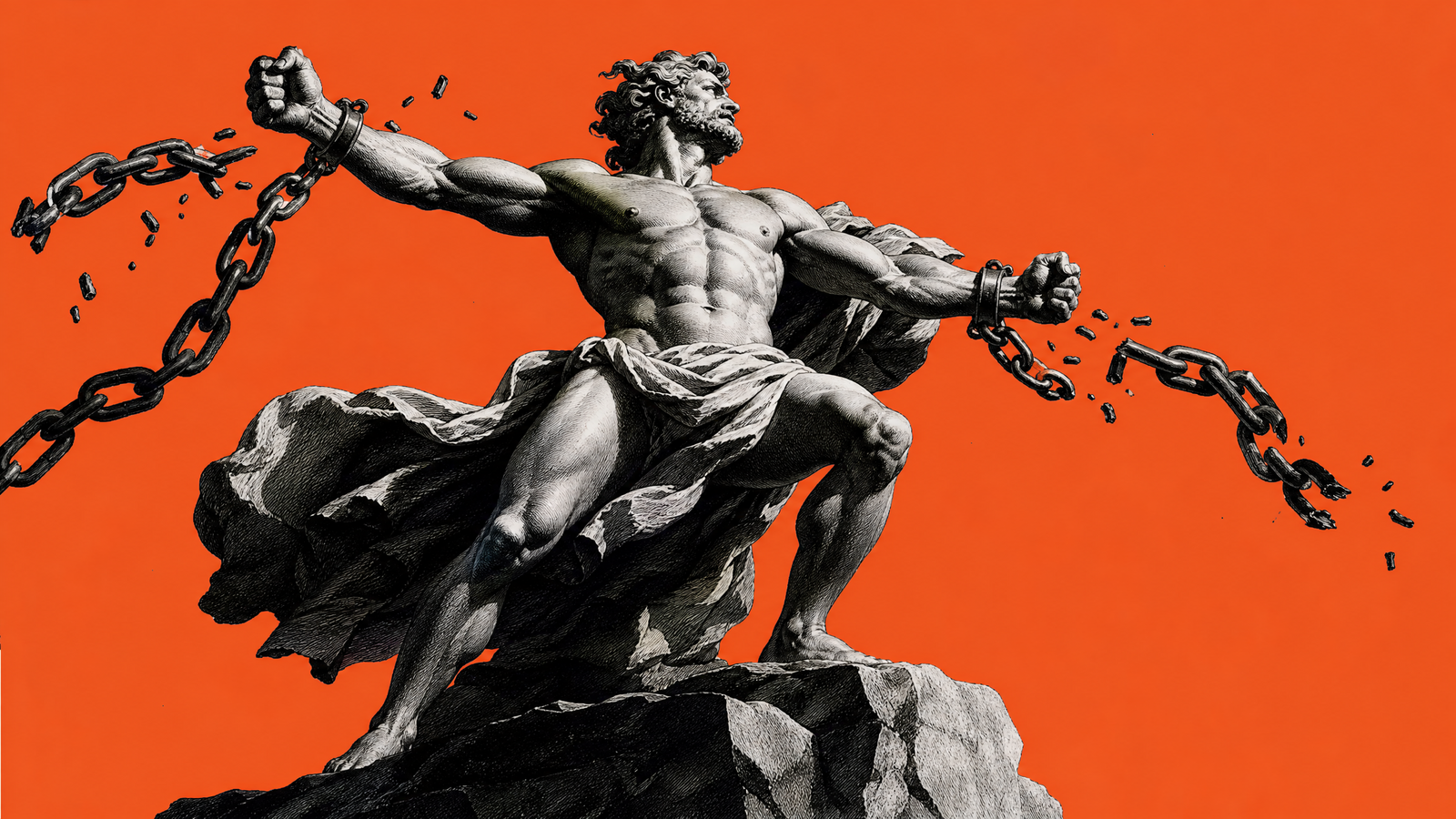 Classical marble sculpture of a warrior breaking chains against a bold orange background, symbolizing freedom from the constraints of legacy options trading