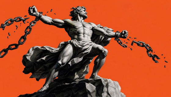 Classical marble sculpture of a warrior breaking chains against a bold orange background, symbolizing freedom from the constraints of legacy options trading