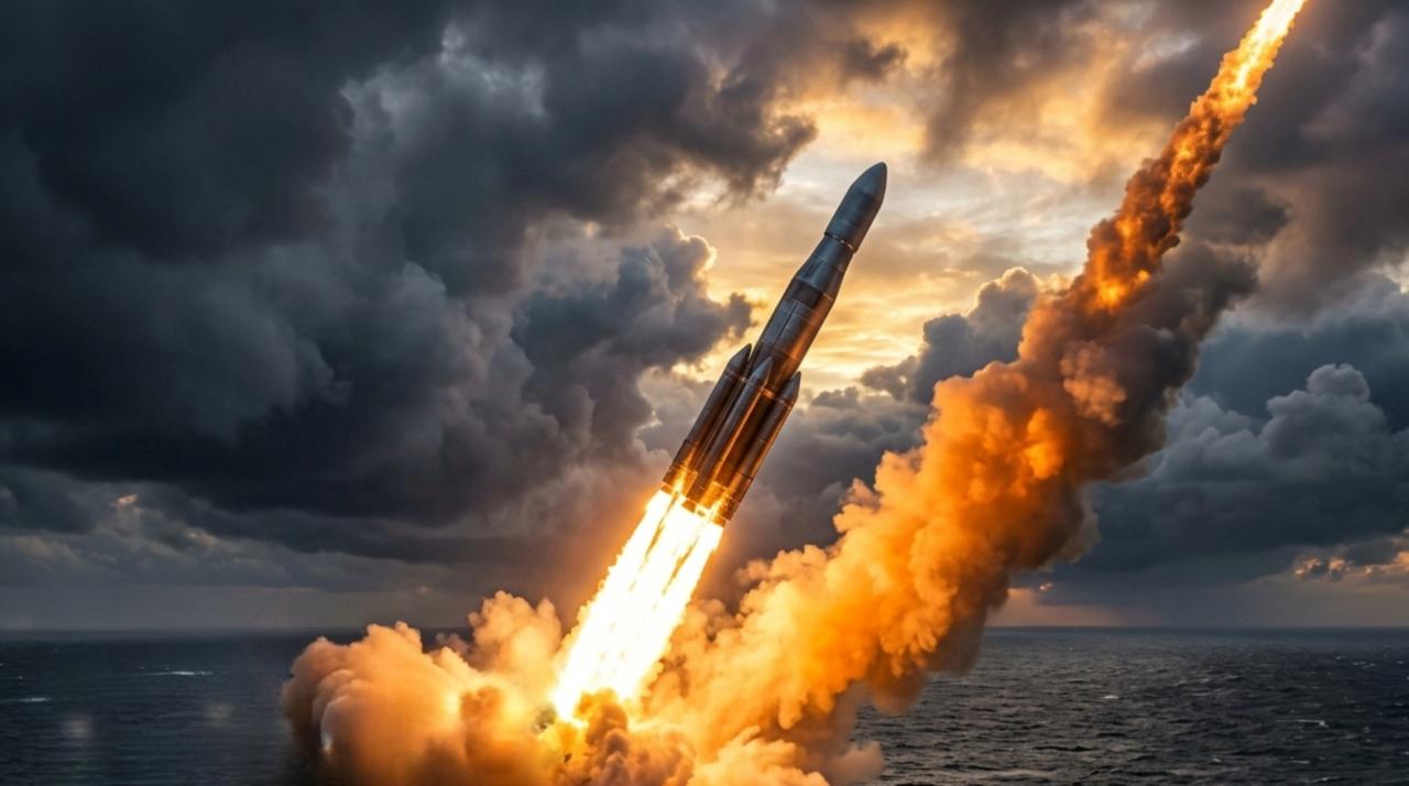 A rocket launching from the ocean at dusk, cutting through dramatic storm clouds with a trail of fire and smoke, symbolizing SpaceX's transition from private company to public market listing