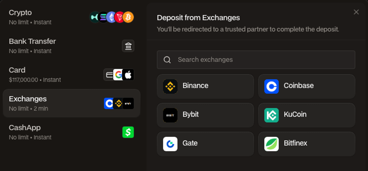 Hyperdash deposit interface showing supported exchanges including Binance, Coinbase, Bybit, KuCoin, Gate, and Bitfinex.