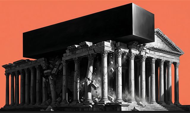 Roman temple cracking under a glowing geometric monolith illustrating legacy exchanges CME and NYSE threatened by decentralized finance metaphor