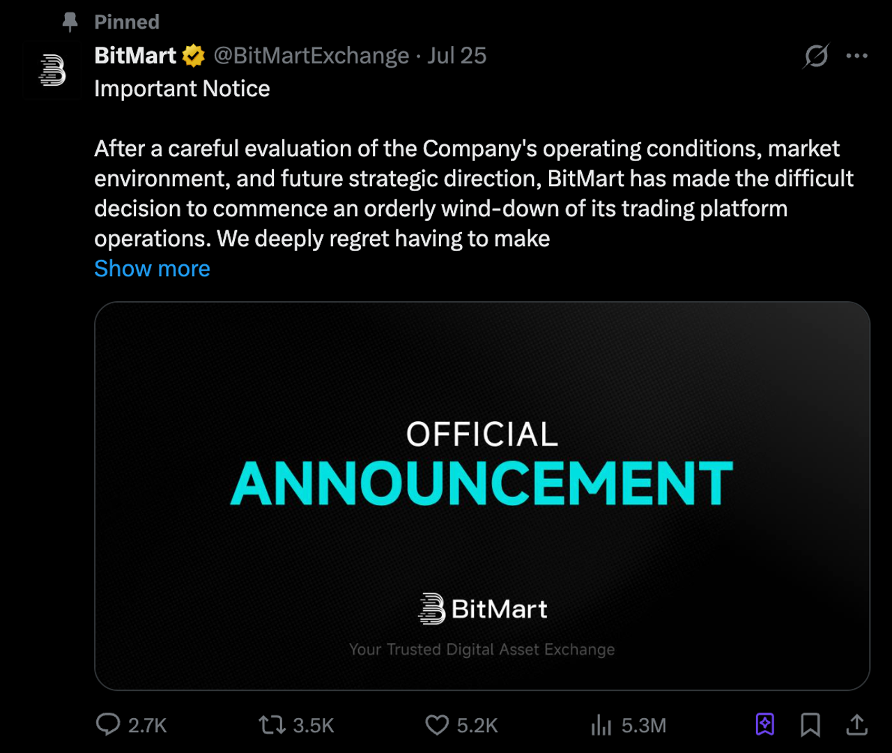 BitMart official announcement on X stating the company has made the difficult decision to commence an orderly wind-down of its trading platform operations, citing operating conditions, market environment, and future strategic direction