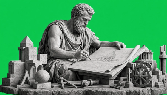 Classical marble sculpture of an ancient architect studying architectural blueprints surrounded by modular building blocks and mechanical instruments against a vivid electric green background, symbolizing the precision and intentionality of building a custom trading workspace