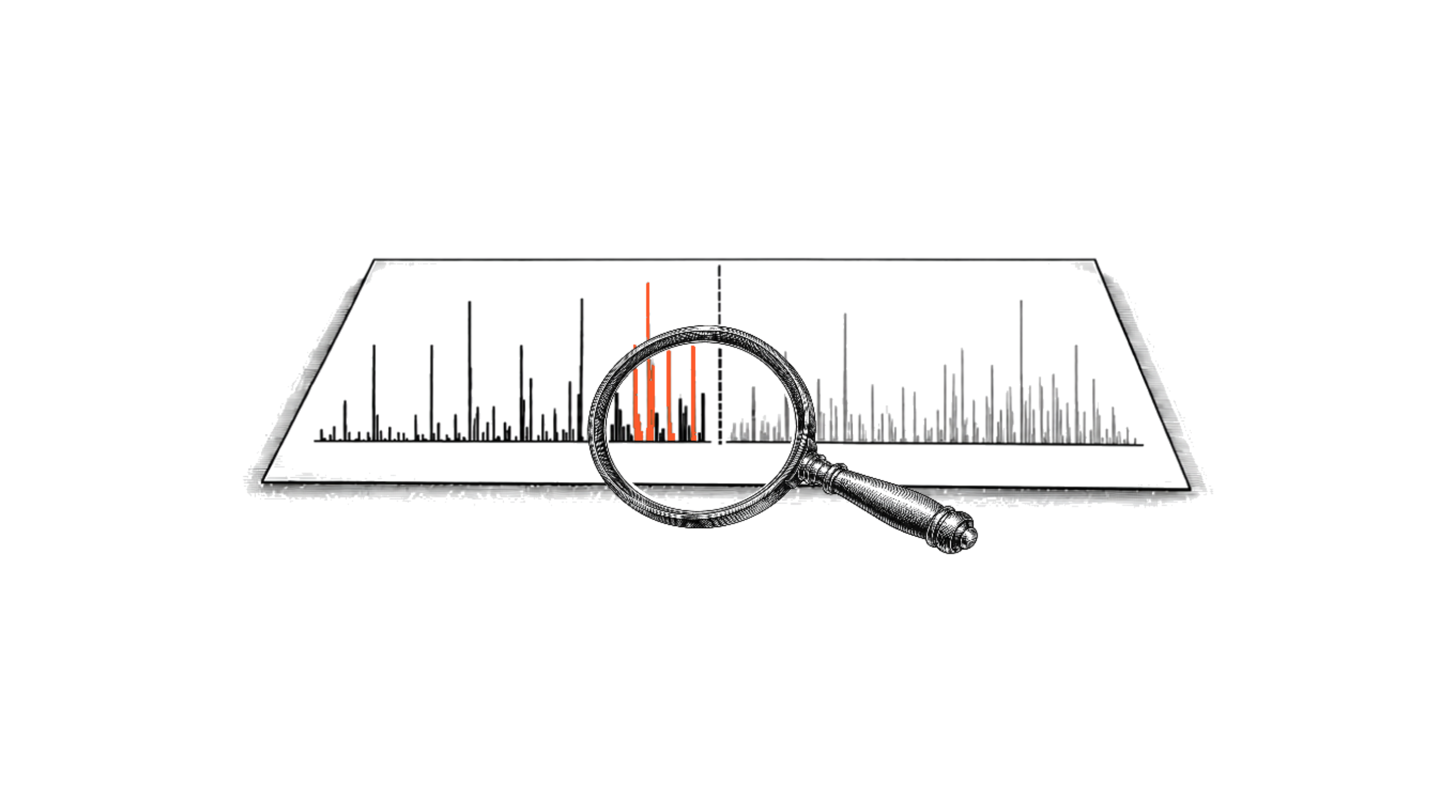 Engraved magnifying glass resting on a liquidation heatmap, with the tallest bars highlighted in orange