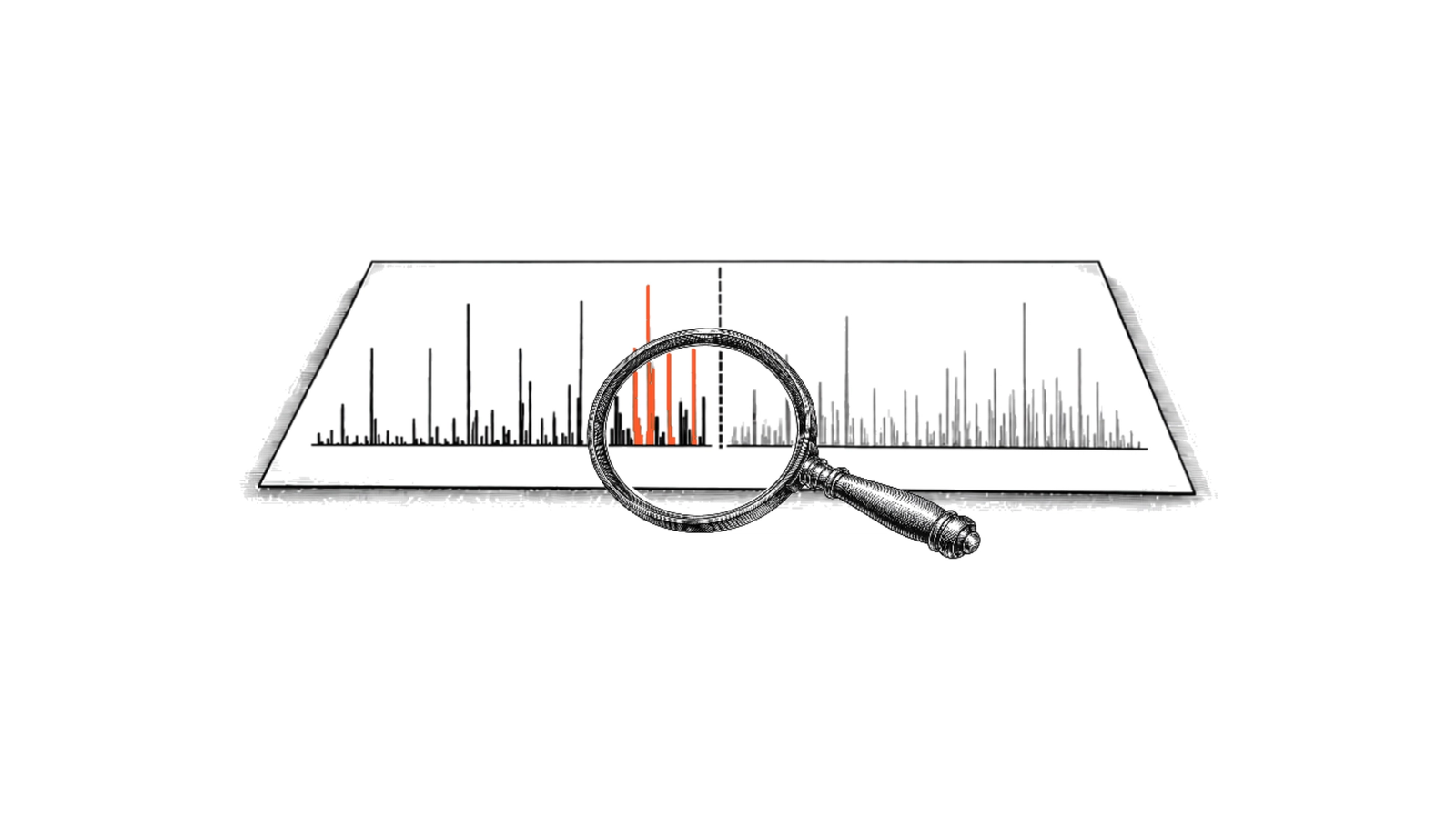 Engraved magnifying glass resting on a liquidation heatmap, with the tallest bars highlighted in orange