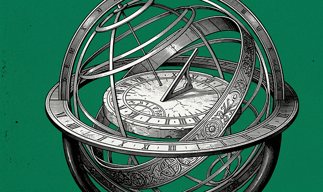 Roman sundial and armillary sphere with no shadow representing NVDA perpetuals 24/7 trading on Hyperliquid metaphor