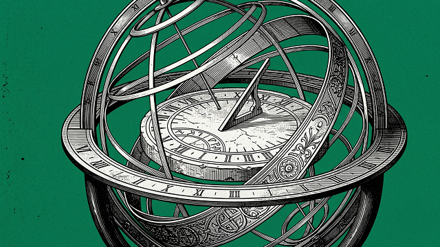 Roman sundial and armillary sphere with no shadow representing NVDA perpetuals 24/7 trading on Hyperliquid metaphor