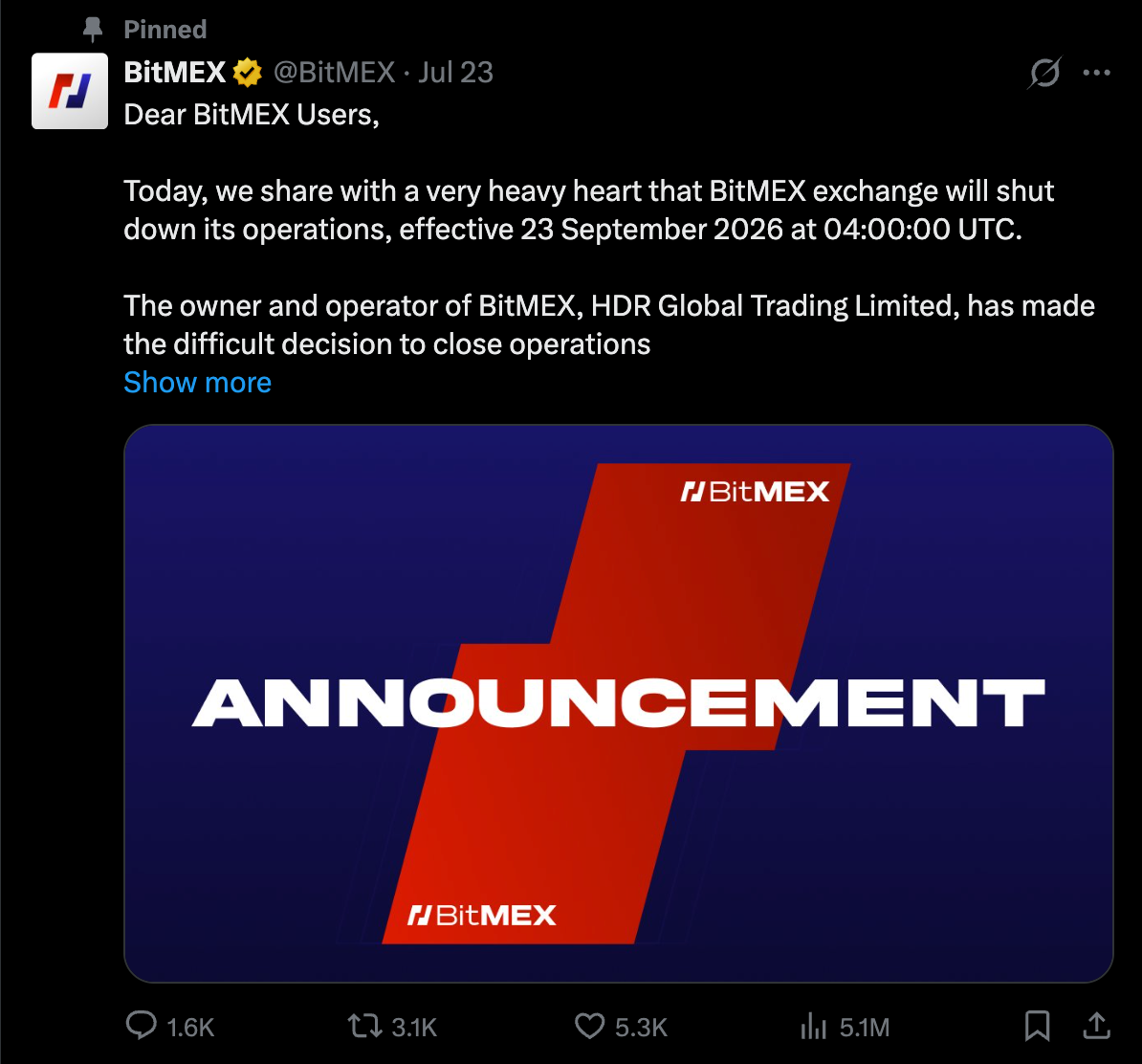 BitMEX official announcement on X stating the exchange will shut down operations effective September 23, 2026 at 04:00 UTC, posted by HDR Global Trading Limited
