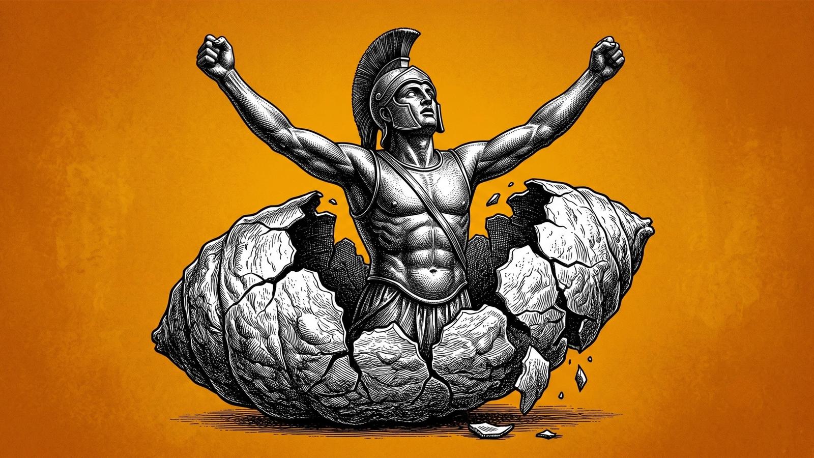 Black and white engraving of a Greek warrior in full helmet and armor bursting triumphantly from a cracked stone shell, arms raised, against an amber orange background — illustrating CXMT's emergence from a decade of losses into China's largest IPO of 2026