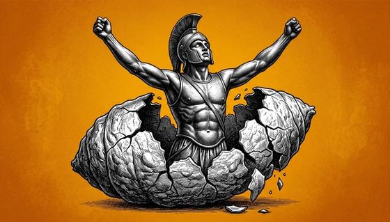 Black and white engraving of a Greek warrior in full helmet and armor bursting triumphantly from a cracked stone shell, arms raised, against an amber orange background — illustrating CXMT's emergence from a decade of losses into China's largest IPO of 2026