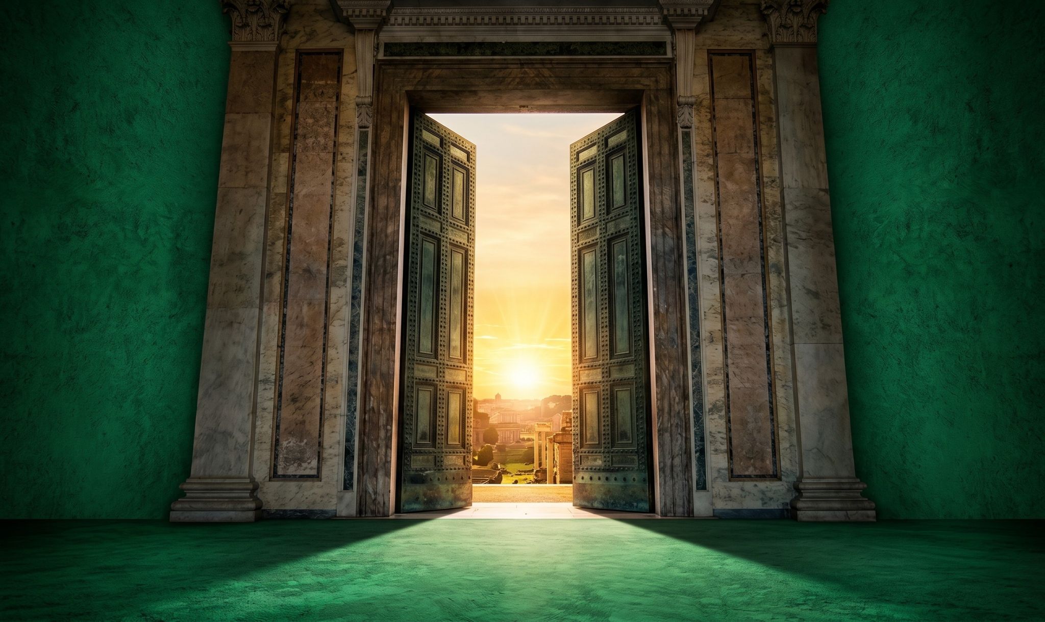 Massive ancient Roman bronze doors swung wide open revealing a glowing horizon, symbolizing unrestricted global access to financial markets through Hyperdash.