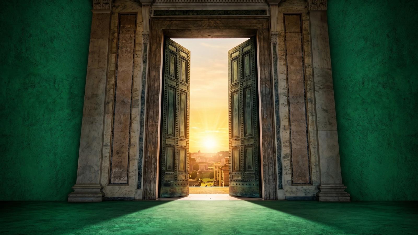 Massive ancient Roman bronze doors swung wide open revealing a glowing horizon, symbolizing unrestricted global access to financial markets through Hyperdash.