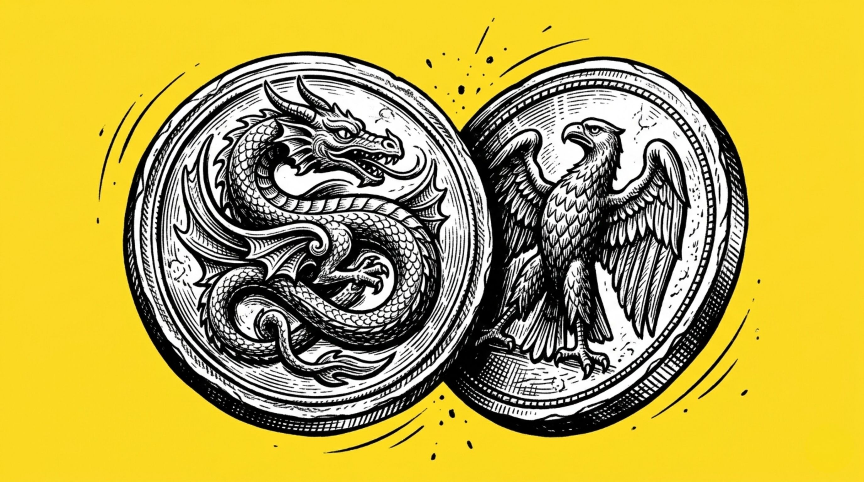 A classical Roman bronze coin suspended mid-flip in the air with an intricately carved dragon on one face and an eagle on the other, vintage engraving style, black and white ink drawing, bright yellow background representing XAU Perps vs. Gold CFDs