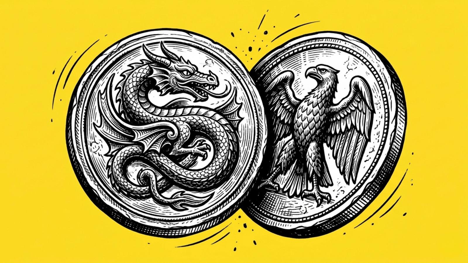 A classical Roman bronze coin suspended mid-flip in the air with an intricately carved dragon on one face and an eagle on the other, vintage engraving style, black and white ink drawing, bright yellow background representing XAU Perps vs. Gold CFDs