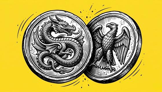 A classical Roman bronze coin suspended mid-flip in the air with an intricately carved dragon on one face and an eagle on the other, vintage engraving style, black and white ink drawing, bright yellow background representing XAU Perps vs. Gold CFDs