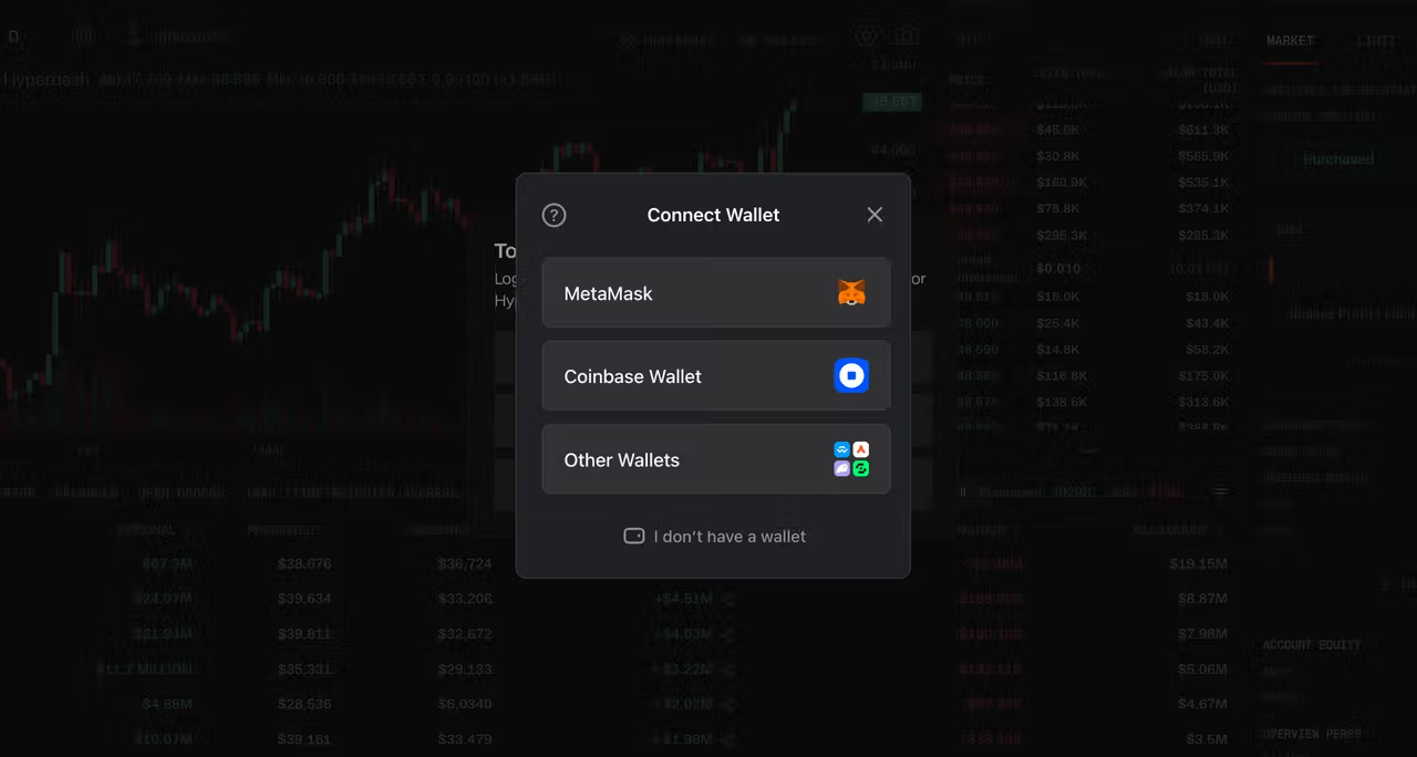 Hyperliquid wallet connection interface showing MetaMask, Coinbase Wallet and other Web3 wallet options for beginners