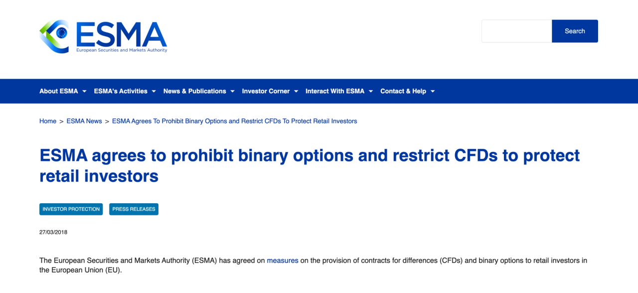 ESMA press release announcing measures to prohibit binary options and restrict CFDs to protect retail investors in the European Union