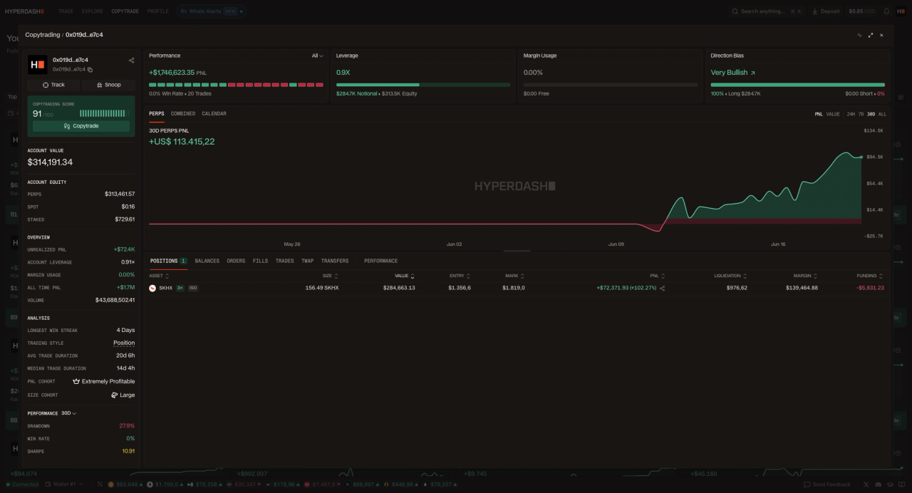 Hyperdash individual trader profile page for wallet 0x019d...e7c4 showing total PnL of +$1,746,623.35, 30-day perps PnL of +$113,415.22, direction bias of Very Bullish at 100% long with $284.7K notional, leverage of 0.9x, and a single open position in SKHX (156.49 units, $284,663 value, entry at $1,356.6, mark at $1,819, unrealized PnL of +$72,371.93 or +102.27%) — PnL equity curve showing flat performance until a sharp upward move beginning around June 9
