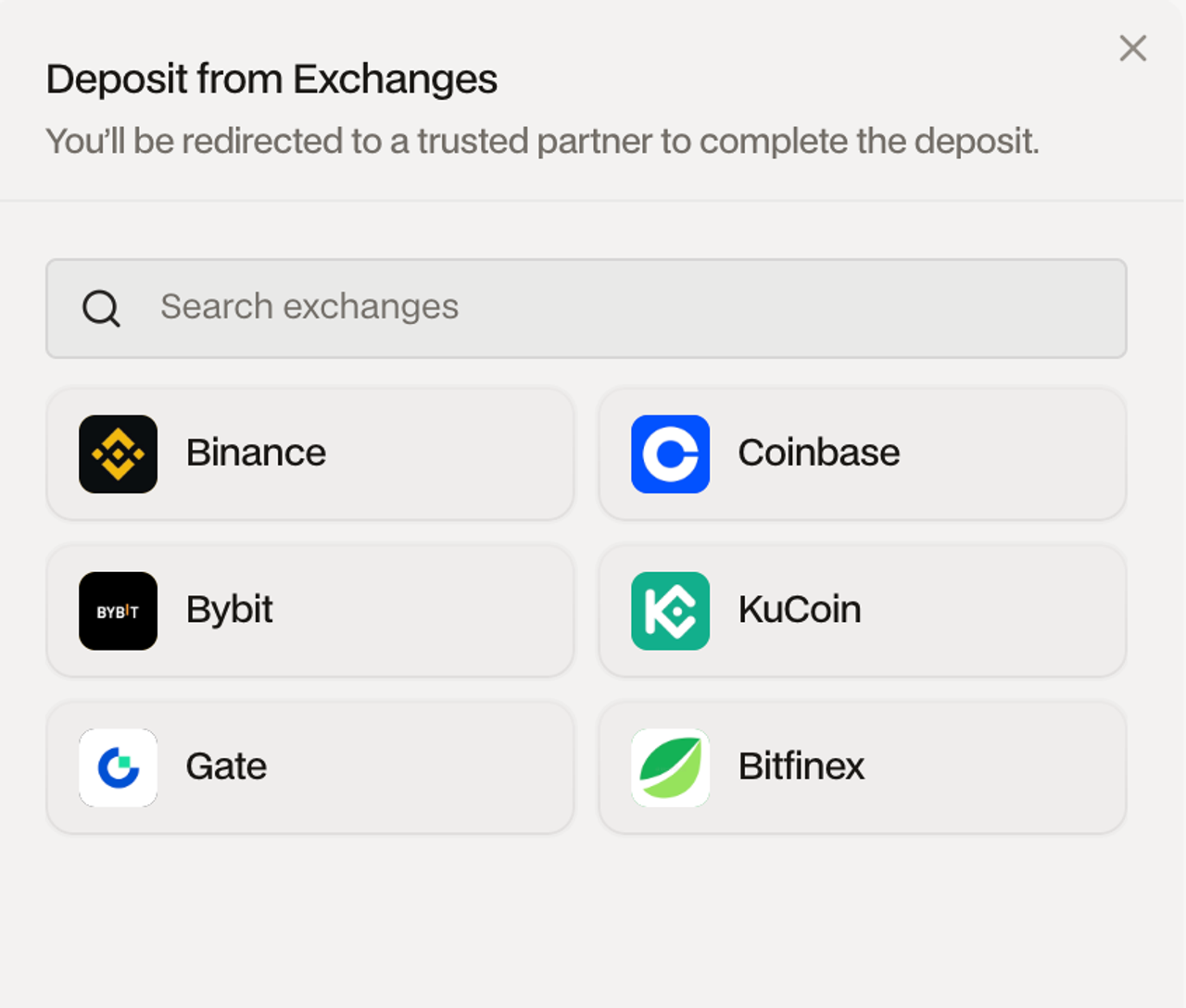 Hyperdash deposit interface showing supported exchanges including Binance, Coinbase, Bybit, KuCoin, Gate, and Bitfinex