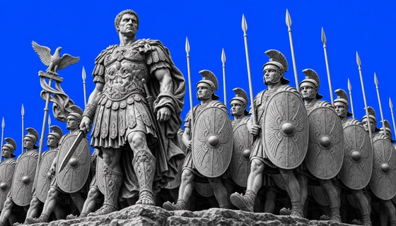 Roman general leading a disciplined formation of soldiers in lockstep, classical marble sculpture, black and white on electric blue background, Hyperdash copytrading editorial illustration