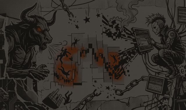 Dystopian punk art of a trader facing a market bull, featuring orange liquidation heatmap zones and digital glitches.