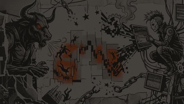 Dystopian punk art of a trader facing a market bull, featuring orange liquidation heatmap zones and digital glitches.