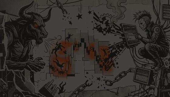 Dystopian punk art of a trader facing a market bull, featuring orange liquidation heatmap zones and digital glitches.