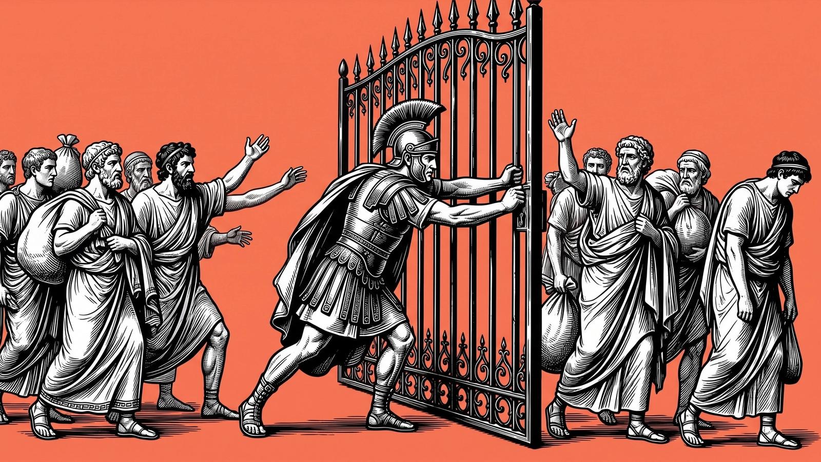 Vintage engraving-style illustration of a Roman soldier forcefully closing an iron gate against a crowd of ancient citizens carrying bags and belongings, against a red background, symbolizing BitMart blocking traders from accessing their funds during the platform's wind-down