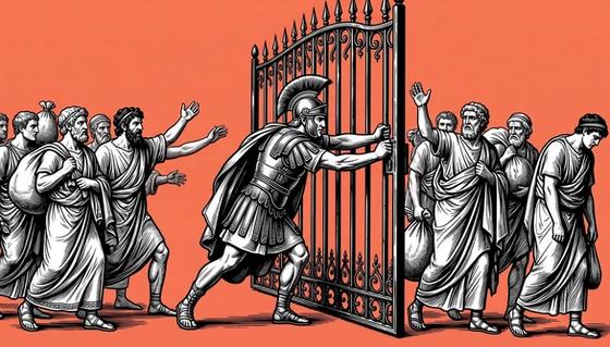 Vintage engraving-style illustration of a Roman soldier forcefully closing an iron gate against a crowd of ancient citizens carrying bags and belongings, against a red background, symbolizing BitMart blocking traders from accessing their funds during the platform's wind-down