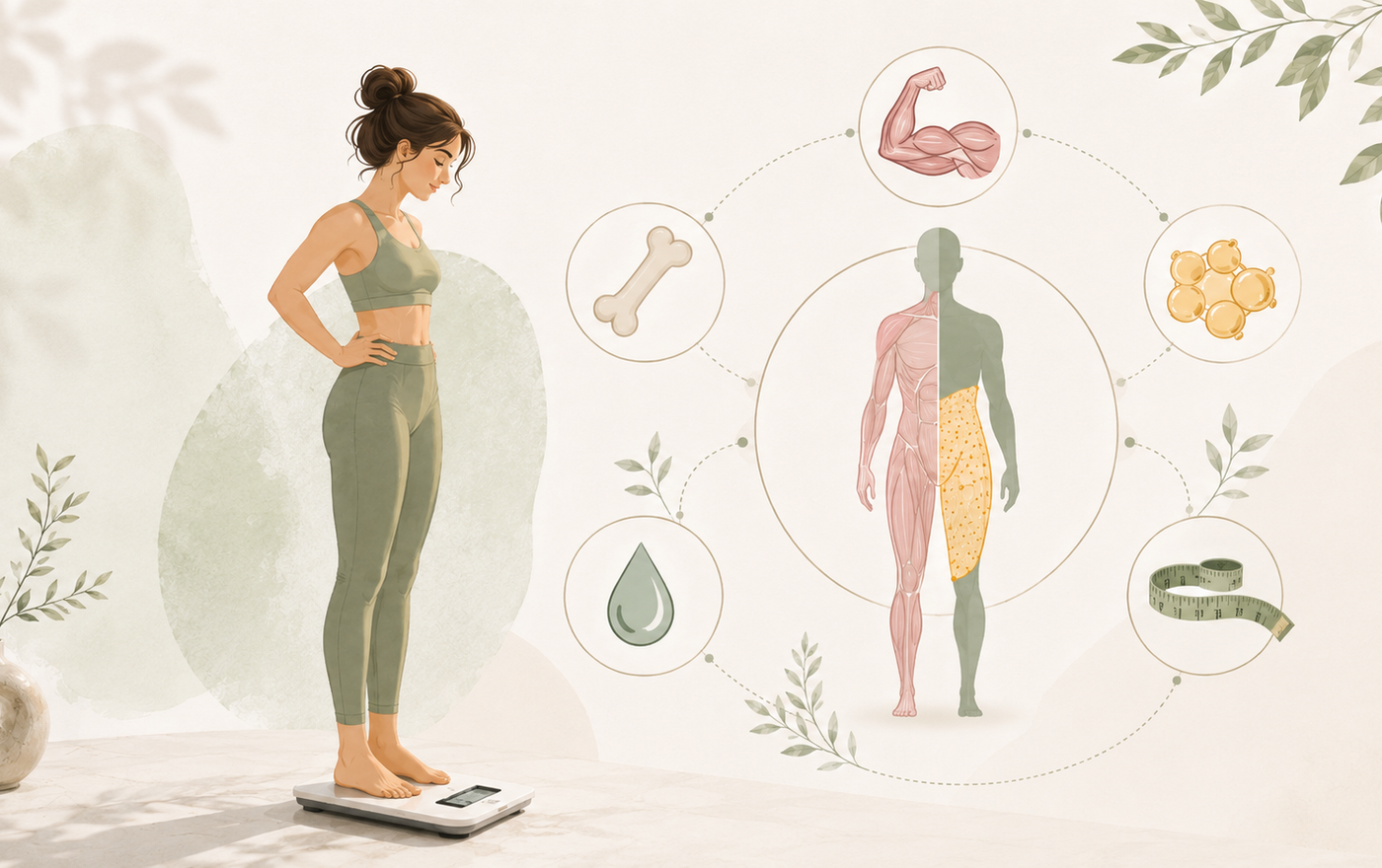 Ilustrație despre compoziția corporală, cu o femeie pe cântar și simboluri pentru masa musculară, țesutul adipos, apa corporală, masa osoasă și circumferințele corporale.