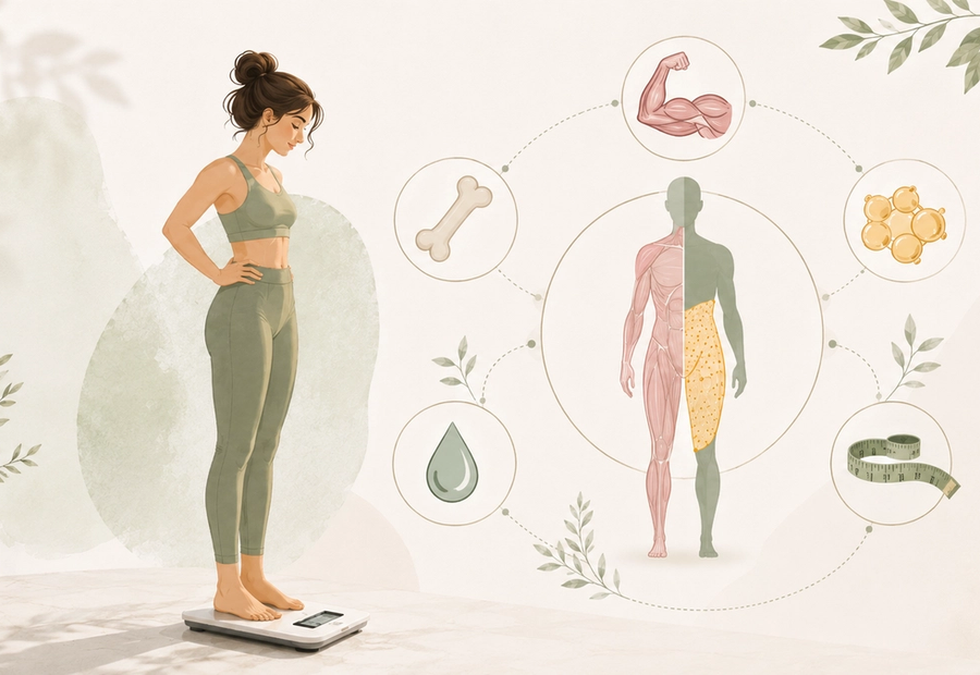 Ilustrație despre compoziția corporală, cu o femeie pe cântar și simboluri pentru masa musculară, țesutul adipos, apa corporală, masa osoasă și circumferințele corporale.