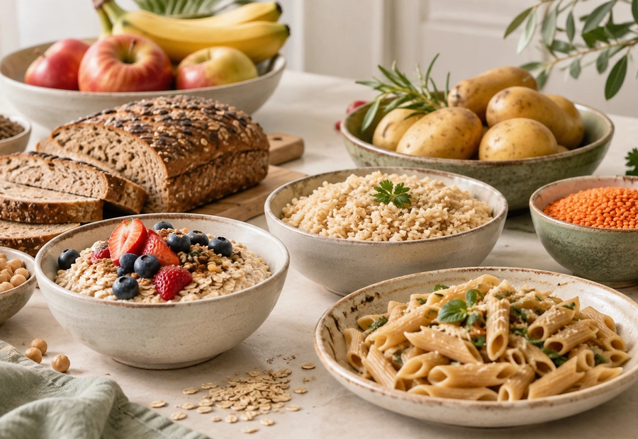 Masă cu pâine integrală, ovăz, orez, cartofi, paste, leguminoase și fructe, reprezentând diferite surse alimentare de carbohidrați.