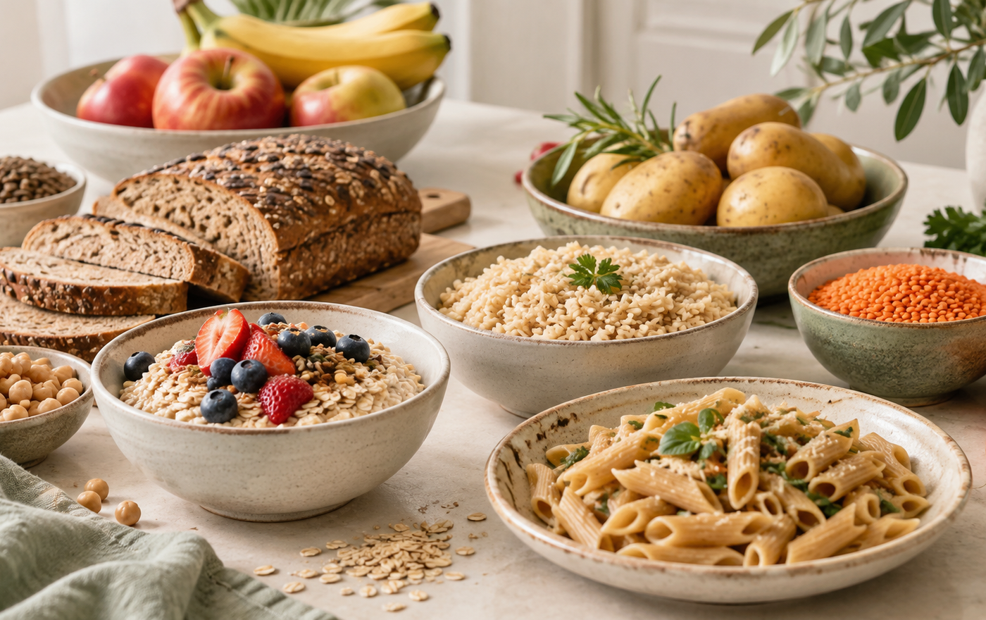 Masă cu pâine integrală, ovăz, orez, cartofi, paste, leguminoase și fructe, reprezentând diferite surse alimentare de carbohidrați.