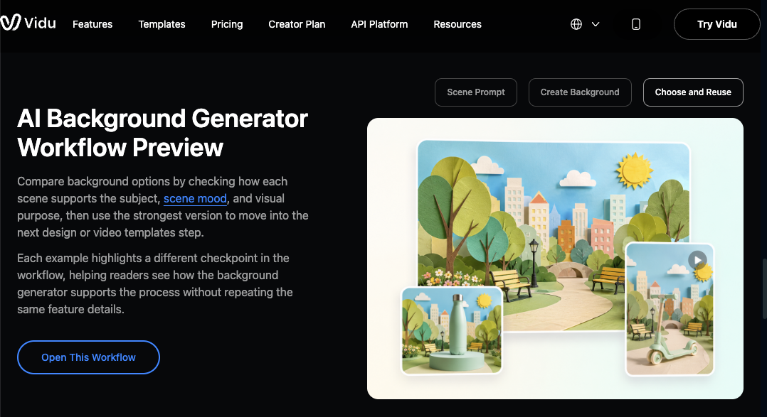 Previewing a paper craft scene on Vidu AI tiktok background video generator workflow template.