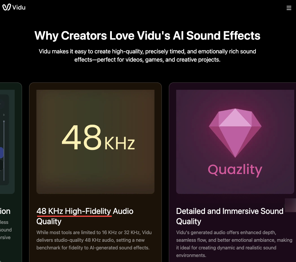 Dashboard showcasing 48KHz high fidelity sound quality settings within an ai sound effect generator.