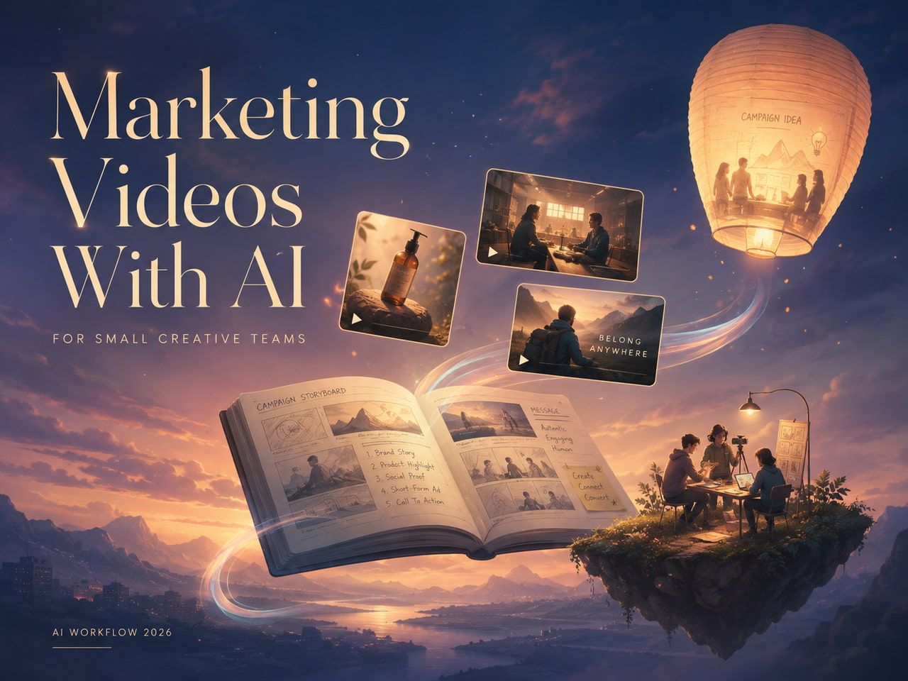 An open storyboarding book illustrating how small teams create marketing videos with AI.