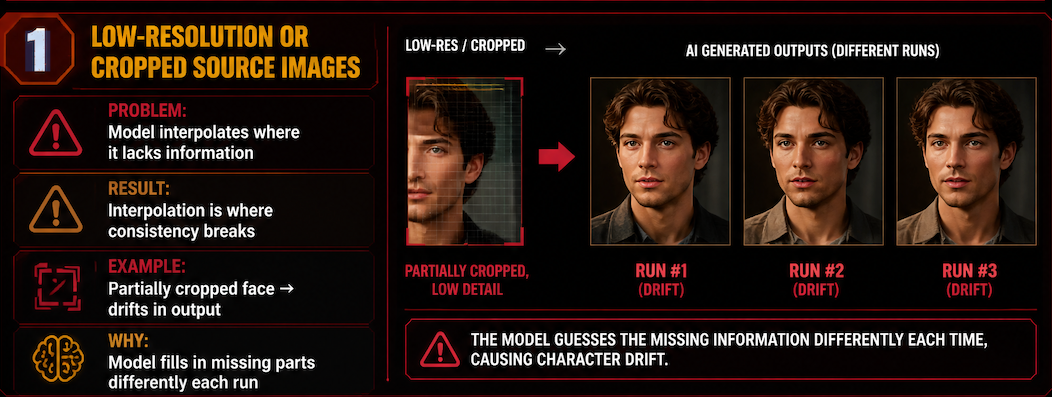 Analysis chart explaining character drift problems during AI video content repurposing tasks.