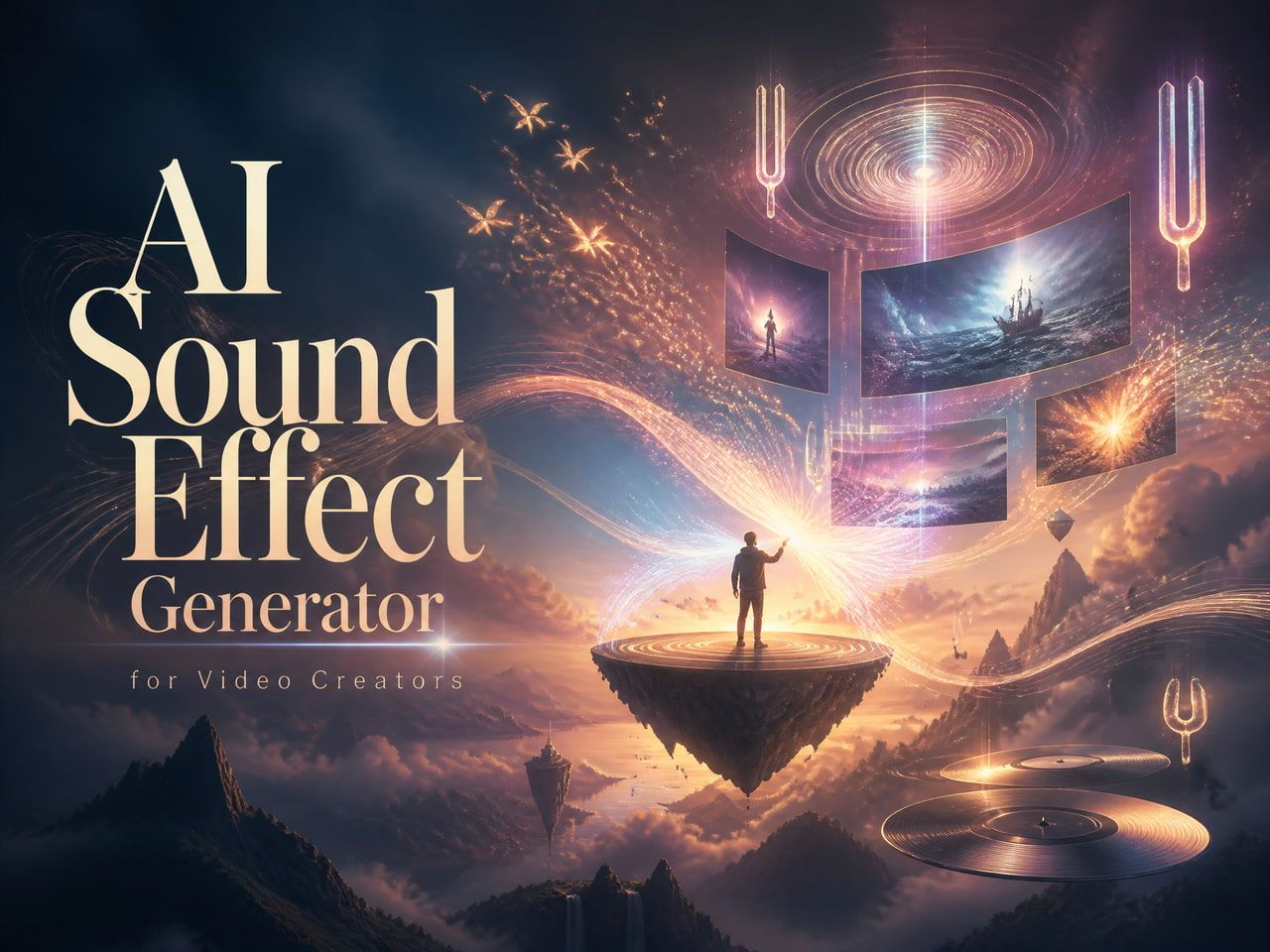 Fantasy concept art featuring floating platforms and text for an ai sound effect generator tool.