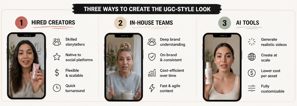 Infographic comparing creators and the best AI tools for UGC-style video to scale your content.