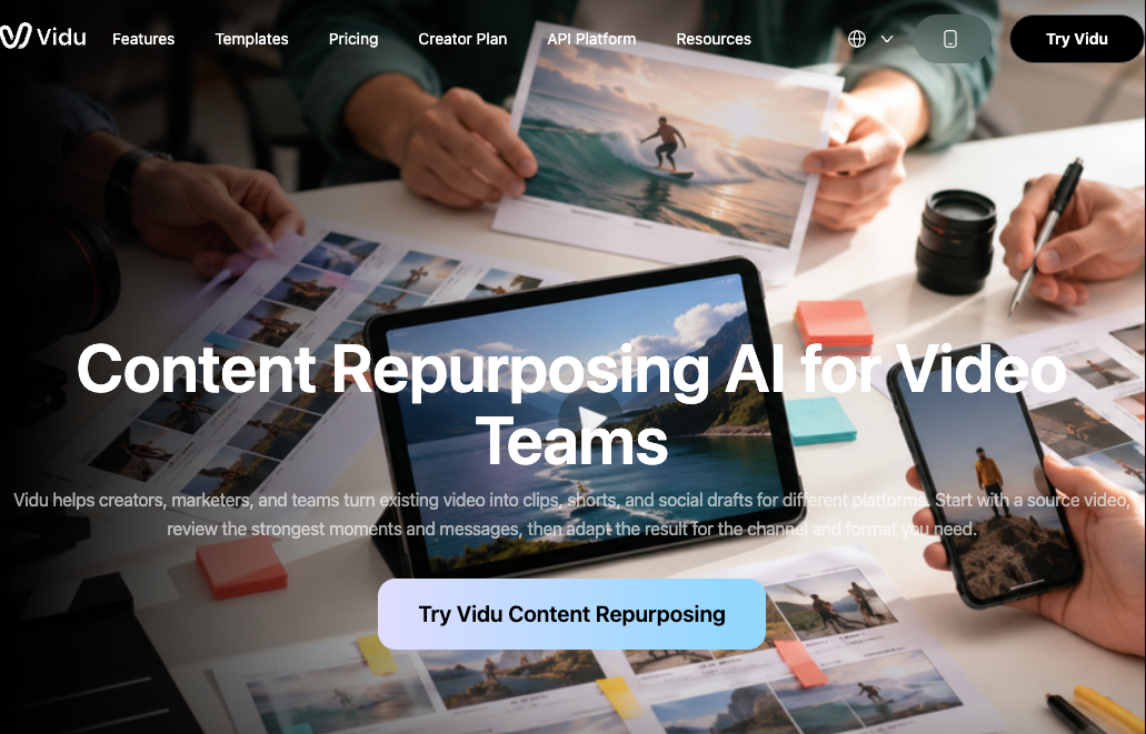 Desktop tablet and phones displaying marketing data for team content repurposing workflows.